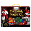 The Skillmatics Classic Magic Kit packaging displayed with all the included magic props neatly arranged on a white background. The kit includes 50 thrilling tricks such as ‘Red Hot Buttons,’ ‘Coin-fusion,’ ‘Colour Shift,’ and more, along with a range of tools like cups, cards, and an instructional manual. The packaging emphasizes the kit's educational value and its promise of unforgettable illusions for aspiring magicians aged 10-99 years.