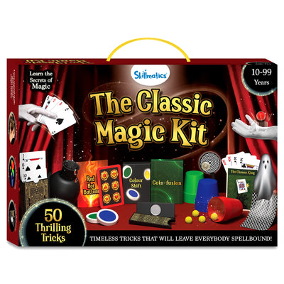 The Skillmatics Classic Magic Kit packaging displayed with all the included magic props neatly arranged on a white background. The kit includes 50 thrilling tricks such as ‘Red Hot Buttons,’ ‘Coin-fusion,’ ‘Colour Shift,’ and more, along with a range of tools like cups, cards, and an instructional manual. The packaging emphasizes the kit's educational value and its promise of unforgettable illusions for aspiring magicians aged 10-99 years.
