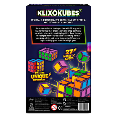 Back view of the Skillmatics Klixokubes puzzle box featuring product highlights, challenge descriptions, and colorful magnetic cube illustrations. The packaging showcases completed puzzle structures, emphasizes 27 magnetic cubes and unique challenges, and includes product details, safety information, and a barcode.