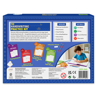 Back panel of The Handwriting Practice Kit showing product details, learning benefits, and included materials. Sections list developmental skills, key abilities such as writing and focus, and four stage-based books covering patterns, letters, numbers, and sight words. Images of pencils, books, safety icons, and a child practicing complete the layout.