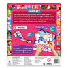 The back of the Skillmatics Tape It! Unicorns & Princesses game box with detailed product information. It explains how kids can dive into a magical adventure using easy-to-tear tape to complete 16 vibrant puzzles. The box shows visual instructions, including 150+ stickers, puzzle boards, and tape, and highlights skills such as Fine Motor, Spatial Reasoning, Logical Reasoning, Decision Making, and Critical Thinking.