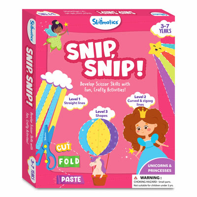 Pink children’s craft kit with unicorns and princesses for developing scissor skills