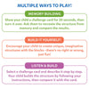 Educational infographic titled “Multiple Ways to Play” with three sections. Memory Building explains recreating structures after viewing a card briefly. Build It Yourself encourages free creative building with no right or wrong answer. Listen and Build describes following spoken instructions to recreate designs, promoting listening skills and comparison.