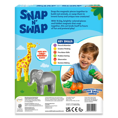Back-of-box Snap N Swap layout showing giraffe elephant tiger and crocodile builds, plus key skills panel listing focus creativity fine motor skills problem solving observation and decision making. Includes age 2–5, safety compliance marks, manufacturer and product details.