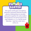 An educational graphic titled “Phonics Sorter” displayed at the top in playful purple lettering, with the letter “O” highlighted in green. Below, a large white text panel explains the activity, stating that it strengthens phonemic awareness, phonics, and word recognition for early readers. The text describes children sorting picture pieces into cups labeled a, e, i, o, u based on the sounds they hear, such as placing “cap” into a and “pin” into i.
