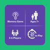 A purple rounded rectangle divided into four equal sections presents key game details using white icons and text. The top left shows a light bulb with a question mark labeled “Memory Game.” The top right shows an adult and child icon labeled “Ages 7+.” The bottom left displays two people seated at a table labeled “3–6 Players.” The bottom right shows a stopwatch icon labeled “20 Min to Play.”