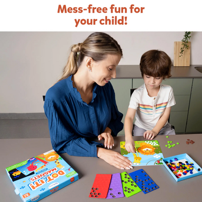 Colorful magnetic dot art kit for children featuring animal designs for ages 3-7