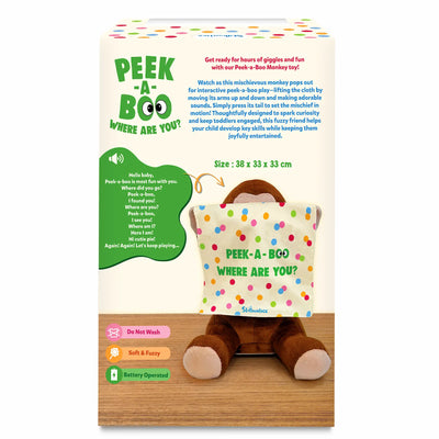 A plush brown monkey sits on a wooden surface holding a cream cloth printed with colorful dots and the words “Peek-a-boo, where are you?” Above it, green logo text appears on the left, along with a speech bubble listing the toy’s spoken phrases. The right side shows product description text, size details, and icons labeled “Do Not Wash,” “Soft & Fuzzy,” and “Battery Operated” in pink, orange, and green boxes.