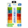 Front view of Skillmatics Linkies toy packaging displaying 15 colorful plastic links arranged vertically inside a cream-colored box. The Skillmatics logo appears at the top, with age guidance of 10–24 months. A large vertical “Linkies” title runs down the center. Icons at the bottom highlight travel-friendly use, BPA-free material, and fine motor skill development.