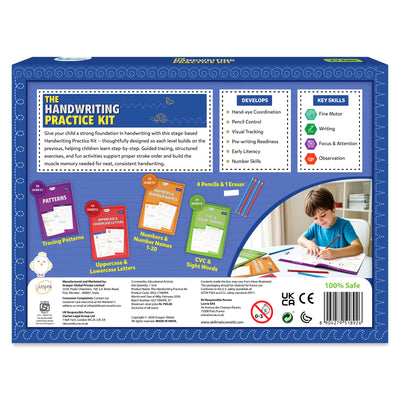 Back panel of The Handwriting Practice Kit showing product details, learning benefits, and included materials. Sections list developmental skills, key abilities such as writing and focus, and four stage-based books covering patterns, letters, numbers, and sight words. Images of pencils, books, safety icons, and a child practicing complete the layout.