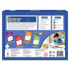 Back panel of The Handwriting Practice Kit showing product details, learning benefits, and included materials. Sections list developmental skills, key abilities such as writing and focus, and four stage-based books covering patterns, letters, numbers, and sight words. Images of pencils, books, safety icons, and a child practicing complete the layout.