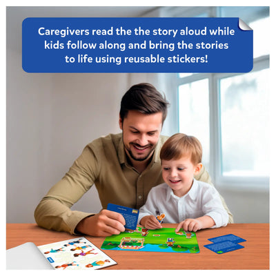 Interactive children’s storybook with reusable stickers from Sticker Stories Adventures Around Town kit
