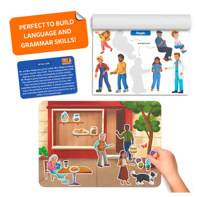 Interactive language and grammar learning set with character cutouts and storytelling scene for kids