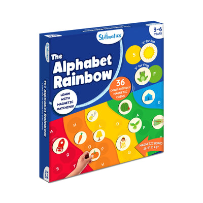 Blue and colorful Alphabet Rainbow magnetic matching game box for learning the alphabet