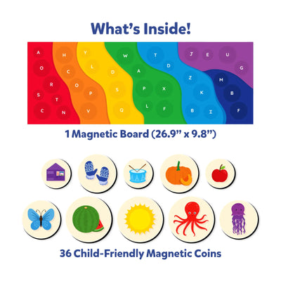 Magnetic Rainbow Board with matching magnetic coins for early learning and alphabet fun
