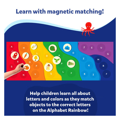 Educational magnetic matching game with rainbow-colored alphabet display for ages 3-6