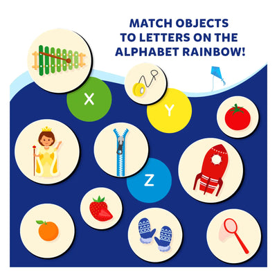 Educational magnetic matching game for kids to connect objects with letters in Alphabet Rainbow