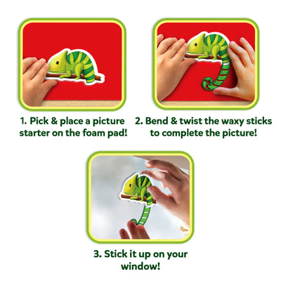 Instructions for Waxy Window Art Amazing Animals craft kit creating colorful window clings