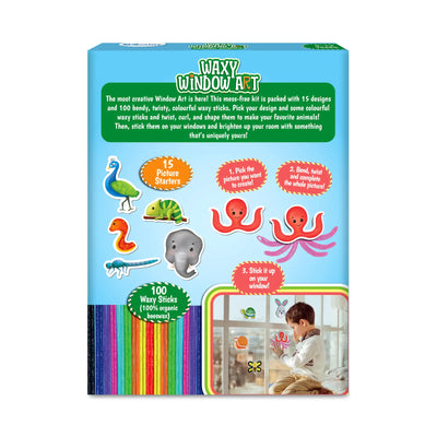 Colorful waxy sticks and picture starters in a box for kids window art projects