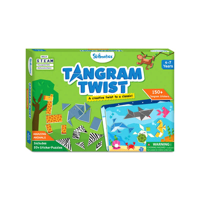 Green Tangram Twist puzzle box with animal stickers for kids ages 4-7