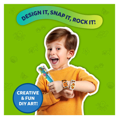 Young boy showing tiger and dog snap bracelets with colorful DIY Snap Bandz