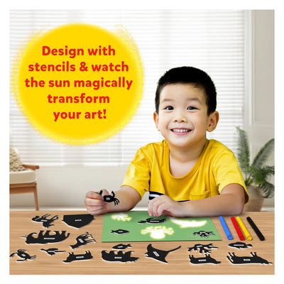 Child’s art kit with stencils and sunlight creating magical animal sun art on Sun Paper