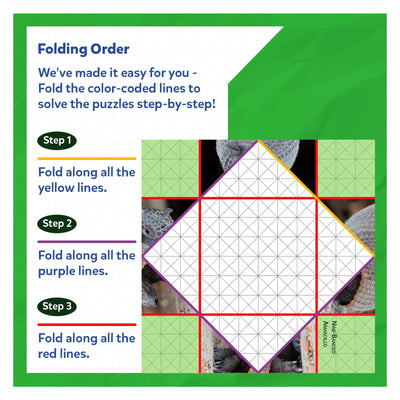 Instructions for folding a paper puzzle with color-coded lines from Craftopedia Coolest Creatures origami book