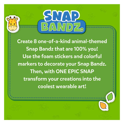 Creative kit for making eight personalized animal-themed Snap Bandz with foam stickers and markers