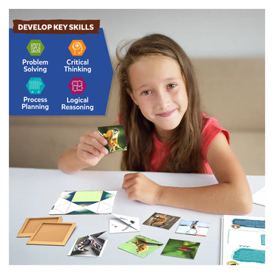 Young girl solving an origami puzzle from Craftopedia Coolest Creatures for problem-solving skills