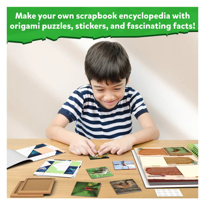 Boy creating a scrapbook encyclopedia with origami puzzles stickers and facts for Craftopedia