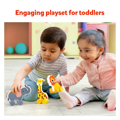 Two toddlers playing with Wooden Animal Toys on Wheels from Animals on Wheels collection