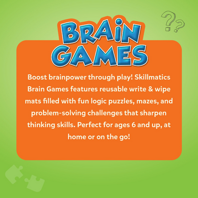 Orange educational product description for Brain Games Reusable Activity Mats for ages 6+