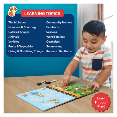 Interactive preschool learning book with educational topics and reusable stickers