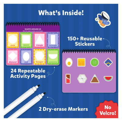 Educational activity set with reusable stickers, dry-erase markers, and activity pages for preschoolers