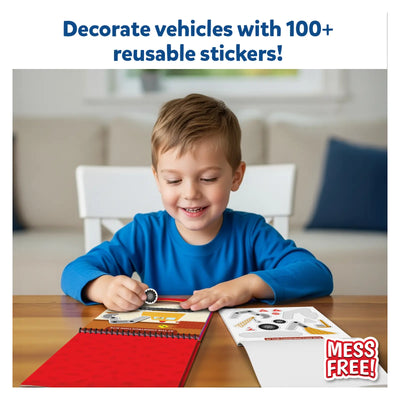 Smiling young boy using Peelies Cars Trucks & More reusable sticker activity book