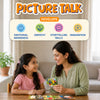 Skillmatics Picture Talk educational card game shown with an adult and child discussing a picture card at a table. Illustrated icons highlight emotional awareness, empathy, storytelling, and imagination while demonstrating how guided conversations help build social-emotional skills.