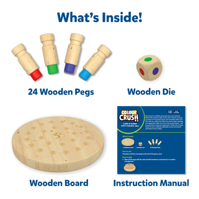 Wooden Colour Crush Memory Game with pegs die and instruction manual for ages 4+