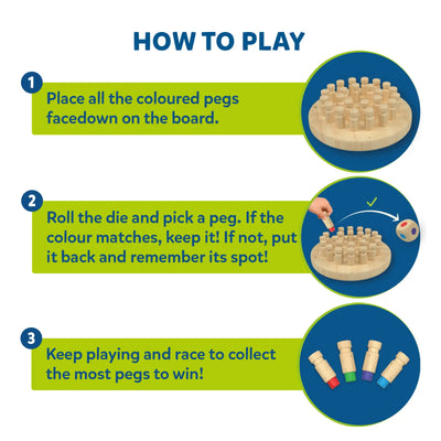 Instructions for playing Colour Crush Thrilling Memory Game with wooden pegs and die