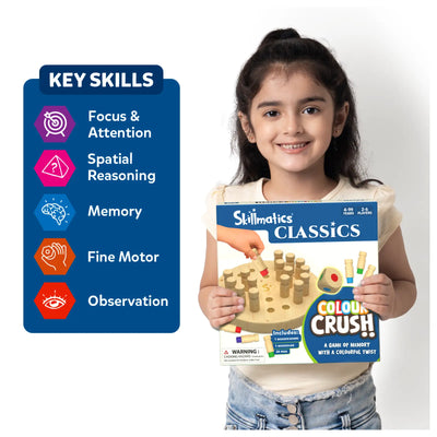 Young girl holding Skillmatics Classics Colour Crush memory game for ages 4 and up