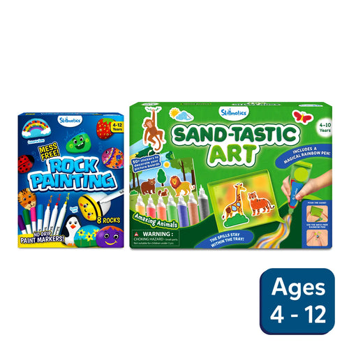 Crafty Playtime Bundle for ages 4-12 featuring rock painting and sand art kits for kids