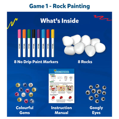 Crafty Playtime Bundle for ages 4-12 with rock painting kit, markers, gems, googly eyes