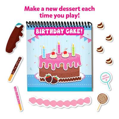 Spiral-bound Dessert Chef activity book with decorated birthday cake and magnetic desserts
