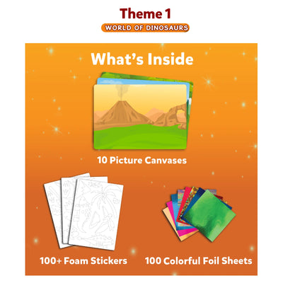 Children’s Dinosaur Art Kit with canvases foam stickers and colorful foil sheets for ages 4-9