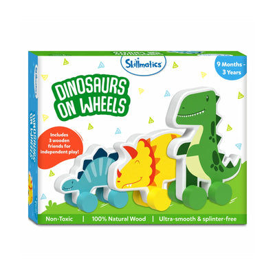 Wooden dinosaur toy set on wheels for children aged 9 months to 3 years