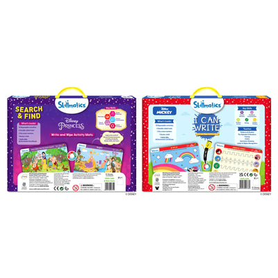 Two Skillmatics educational kits for children Disney Princess and Mickey Mouse themed with write and wipe mats