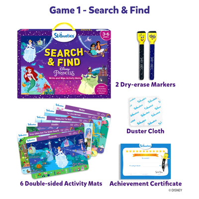 Disney Princess-themed Search & Find Skillmatics game for ages 3-6 with activity mats and markers