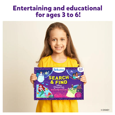 Young girl holding Disney Princess Search & Find Write and Wipe activity book for ages 3-6