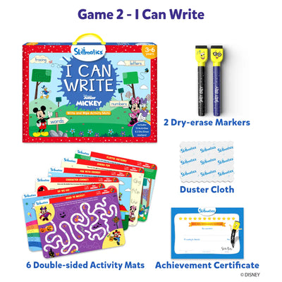 Disney Write & Wipe Combo with Mickey Mouse, activity mats, markers, duster, and certificate