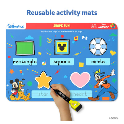 Blue Disney Write & Wipe Combo activity mat with characters and shapes for tracing and writing