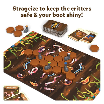 Don’t Crush The Critters board game with hexagonal tiles creature tokens and boot pawns